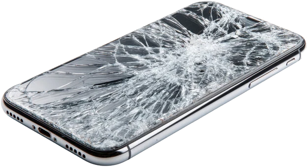 An iPhone with a shattered screen, the repair iMEND does most